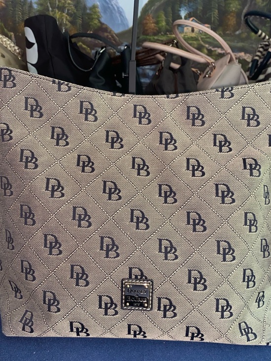 Dooney & Bourke Handbags - NWOT Dooney & Bourke Signature Monogram Tote Beige/Black Jacquard w/ Red Lining